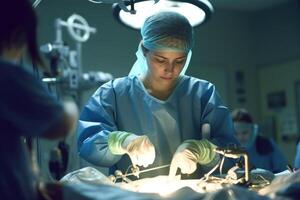 Photo of a female doctor performing surgery in an operating room. Generative AI