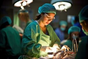 Photo of a female doctor performing surgery in an operating room. Generative AI