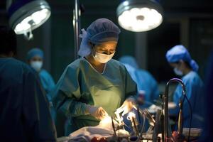 Photo of a female doctor performing surgery in an operating room. Generative AI