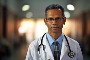 un retrato Disparo de un masculino médico vistiendo un blanco laboratorio Saco y estetoscopio. generativo ai foto