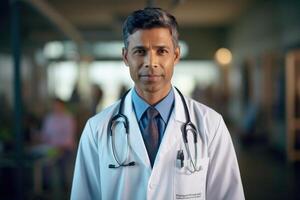 un retrato Disparo de un masculino médico vistiendo un blanco laboratorio Saco y estetoscopio. generativo ai foto