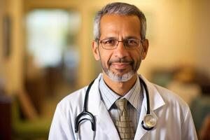 un retrato Disparo de un masculino médico vistiendo un blanco laboratorio Saco y estetoscopio. generativo ai foto