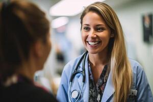 un sincero foto de un hembra médico interactuando con un paciente en un hospital habitación. generativo ai