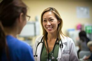 A candid photo of a female doctor interacting with a patient in a hospital room. Generative AI