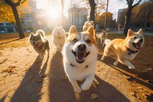 A group of dogs playing and running together in the park.  Generative AI photo