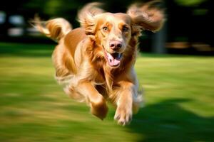 un cerca - arriba Disparo de un alegre, perro corriendo mediante el parque. generativo ai foto