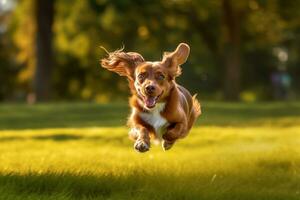 un cerca - arriba Disparo de un alegre, perro corriendo mediante el parque. generativo ai foto