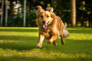 A close - up shot of a joyful, dog running through the park. photo