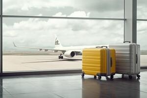 Photographs of suitcases inside the airport waiting area, with airplanes in the background. Travel and vacation concept. Generative AI photo