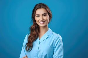 foto de hermosa médico mujer posando en frente de azul antecedentes. generativo ai