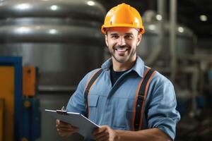 sonriente foto de trabajador hombre dentro fábrica. generativo ai