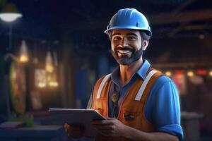 Smiling photo of worker man inside factory.