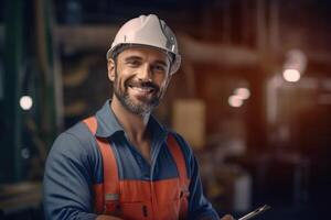 Smiling photo of worker man inside factory. Generative AI