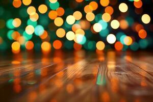 Photo of wooden empty floor with bokeh lights in the background. Christmas product promotion concept. Generative AI