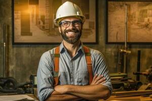 Smiling photo of worker man inside factory. Generative AI