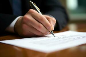 A close - up shot of a businessman signing a business contract. Generative AI photo