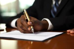 A close - up shot of a businessman signing a business contract. Generative AI photo