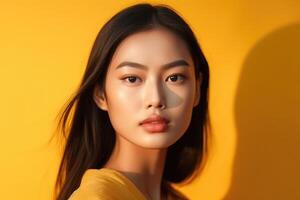 Photo of Beautiful Asian Woman with smooth skin on yellow background. Generative AI