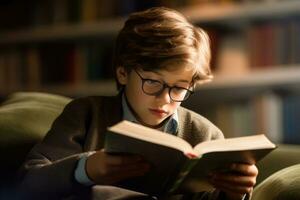 un cerca - arriba Disparo de un joven estudiante leyendo un libro en un acogedor biblioteca esquina. generativo ai foto