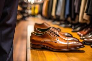 A close - up shot of a man trying on a pair of stylish shoes in a boutique. photo
