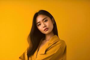 foto de hermosa asiático mujer con suave piel en amarillo antecedentes. generativo ai
