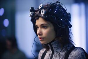 Photo of a person controlling a computer or device with their mind.