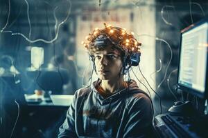 Photo of a person controlling a computer or device with their mind. Generative AI