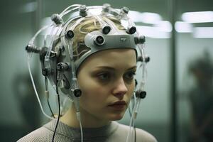 Photo of a person controlling a computer or device with their mind.