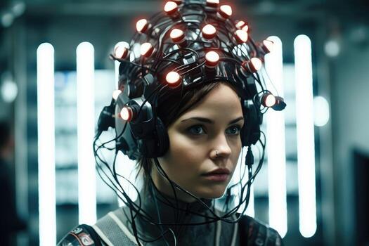 Photo of a person controlling a computer or device with their mind.