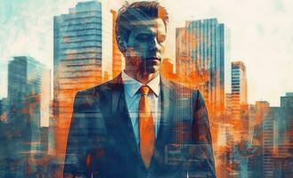 A business man in a suit, in the style of double exposure. Generative AI photo
