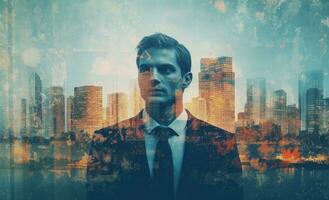 A business man in a suit, in the style of double exposure. Generative AI photo