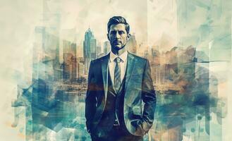 A business man in a suit, in the style of double exposure. Generative AI photo