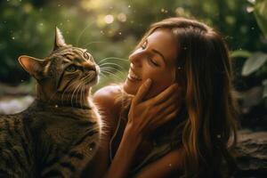 un foto de un mujer tiernamente besos y abrazando su gato. generativo ai