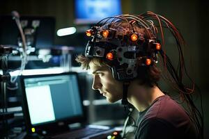 foto de un persona controlador un computadora o dispositivo con su mente. generativo ai
