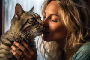 A photo of a woman tenderly kissing and hugging her cat. Generative AI