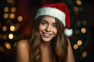 foto de un hermosa mujer en un Papa Noel sombrero poses con un sonrisa. generativo ai