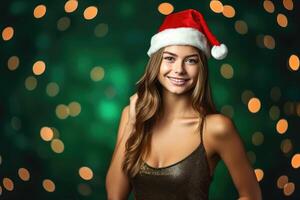 Photo of a beautiful woman in a santa hat poses with a smile. Generative AI