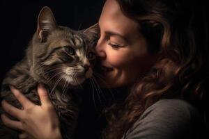 un foto de un mujer tiernamente besos y abrazando su gato. generativo ai