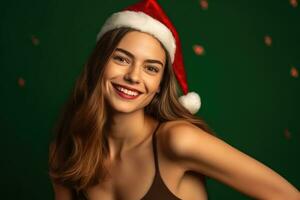 Photo of a beautiful woman in a santa hat poses with a smile. Generative AI
