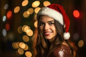 foto de un hermosa mujer en un Papa Noel sombrero poses con un sonrisa. generativo ai