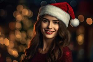 Photo of a beautiful woman in a santa hat poses with a smile. Generative AI