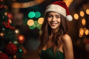 Photo of a beautiful woman in a santa hat poses with a smile. Generative AI