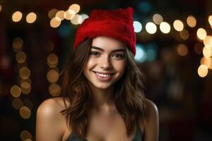 foto de un hermosa mujer en un Papa Noel sombrero poses con un sonrisa. generativo ai