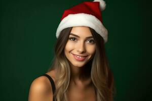 foto de un hermosa mujer en un Papa Noel sombrero poses con un sonrisa. generativo ai