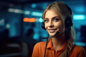 Friendly Call center worker, business woman. Generative AI photo