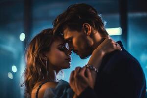 A close - up shot of a couple passionately dancing at a night club. Vibrant Colors. photo