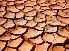 Dry cracked land in a desert, in the style of terracotta, environmental awareness. photo