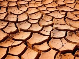 Dry cracked land in a desert, in the style of terracotta, environmental awareness. Generative AI photo