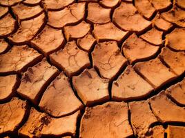 Dry cracked land in a desert, in the style of terracotta, environmental awareness. photo