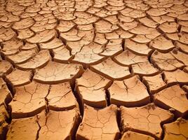 Dry cracked land in a desert, in the style of terracotta, environmental awareness. photo